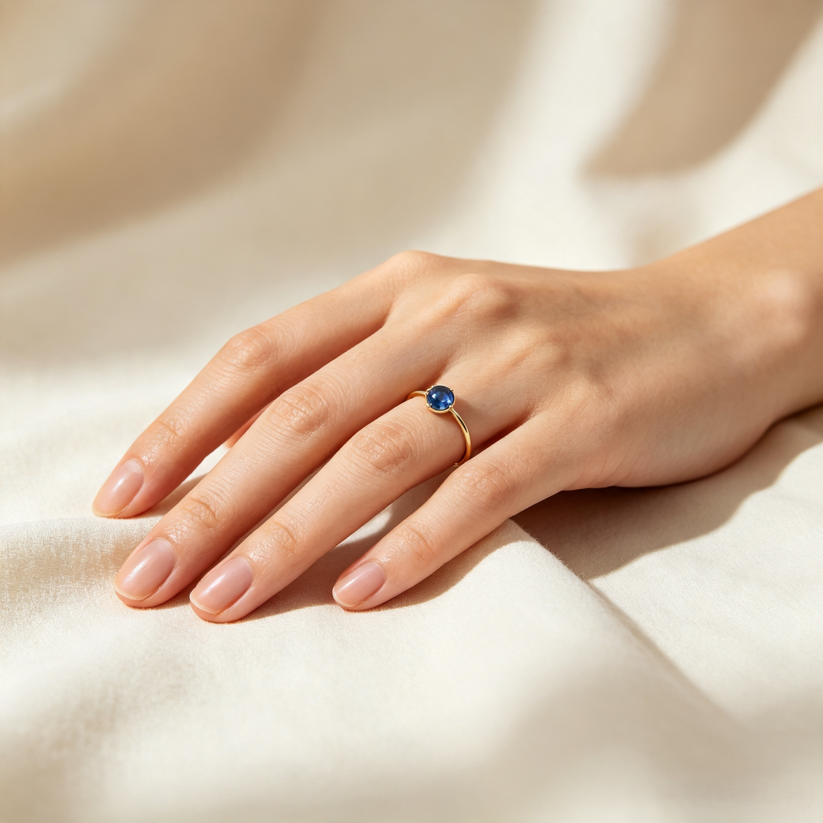 Dainty Blue Solitaire Ring | Minimalist Gold Band with Round Faceted Stone