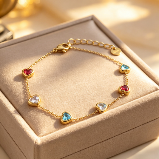 Colorful Heart Gemstone Bracelet | Dainty Gold Chain with Bezel-Set Crystals | Adjustable Stacking Jewelry