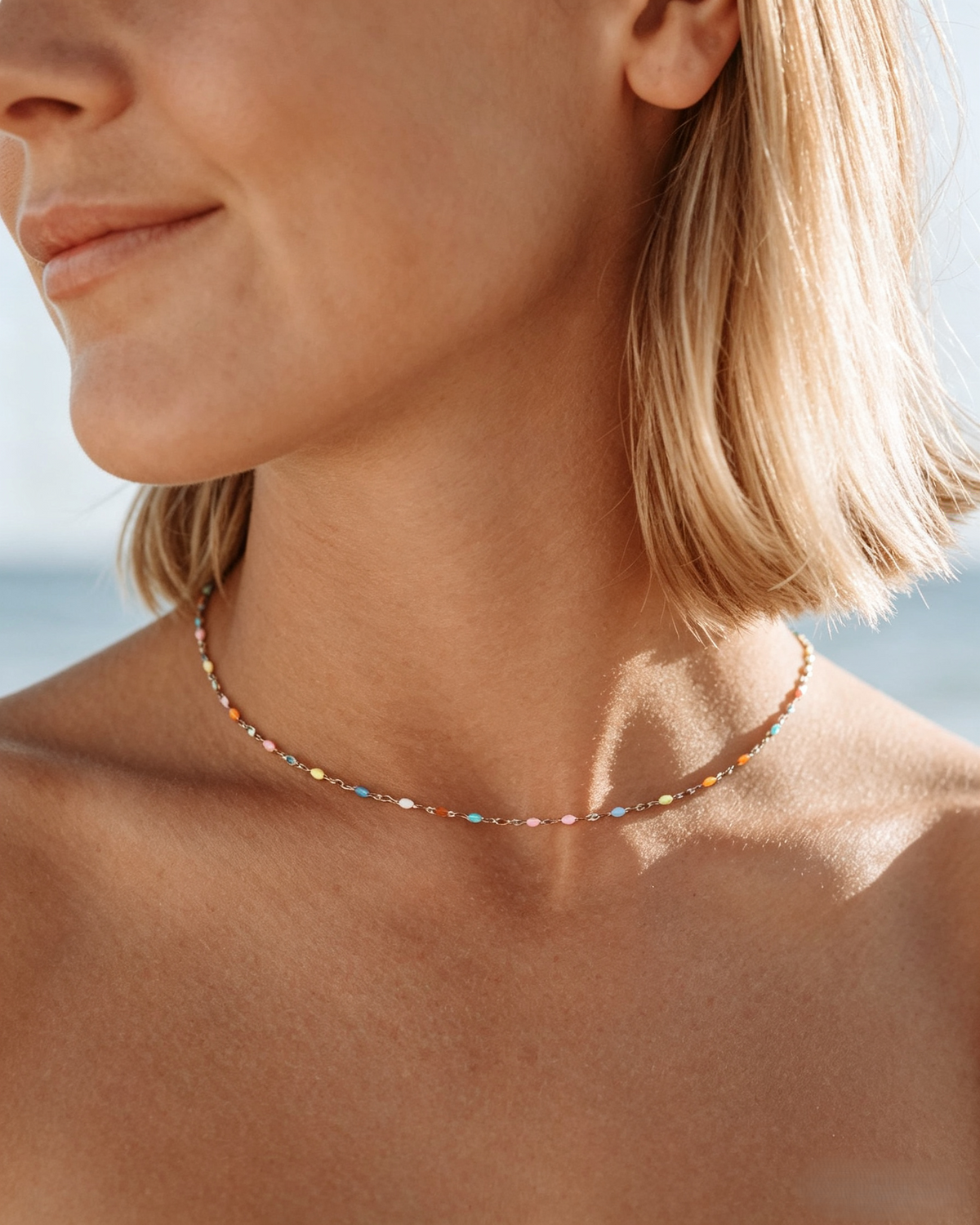Colorful Beaded Choker Necklace | Dainty Gold Chain with Rainbow Enamel Beads