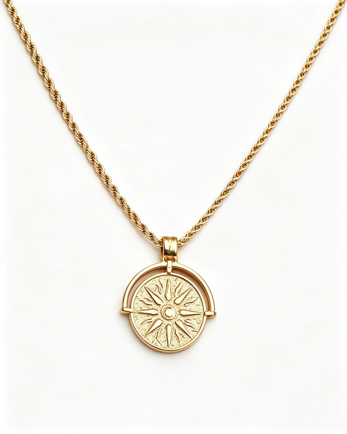 Vintage Sunburst Coin Pendant Necklace | Textured Gold Medallion with Rope Chain