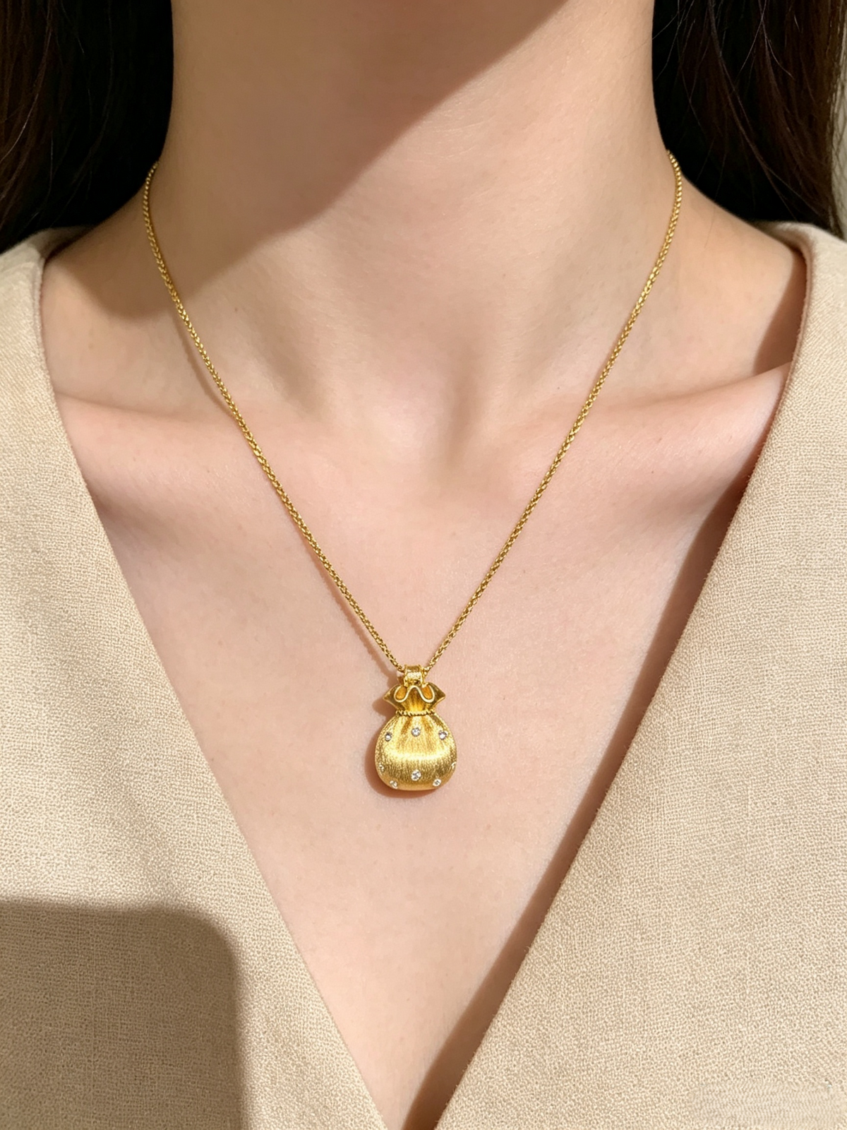 Gold Fortune Bag Pendant Necklace | Brushed Finish & Pavé Crystal Accents | Lucky Charm Jewelry for Women