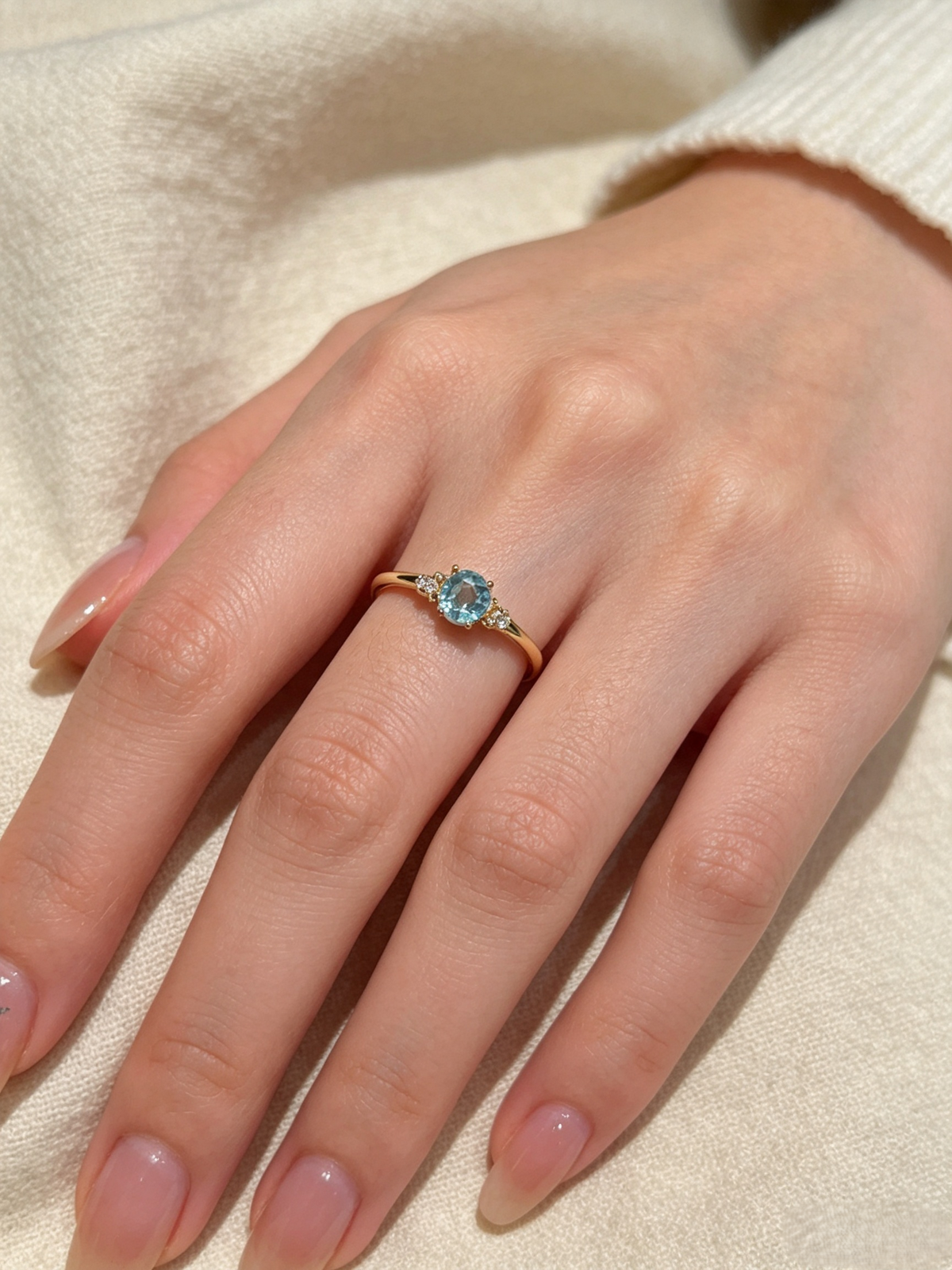 Dainty Aqua Blue Solitaire Ring | Minimalist Adjustable Gold Band with Side Stones