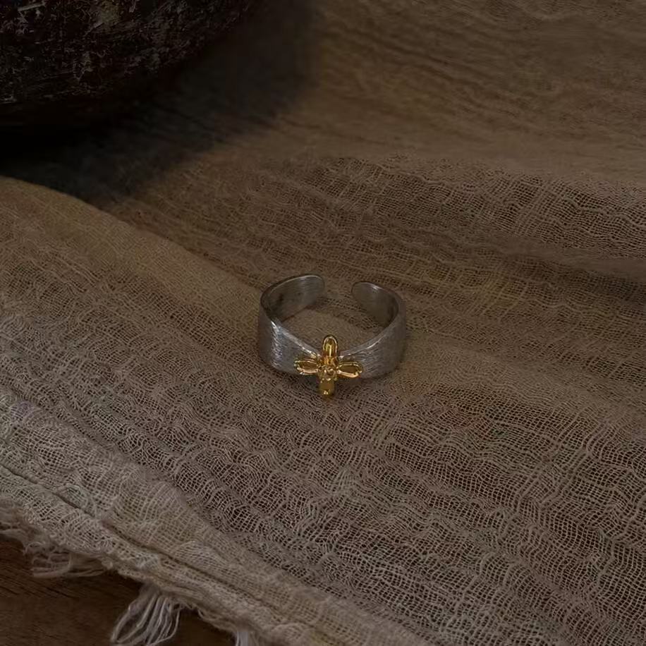 Two-Tone Brushed Silver Ring| Adjustable Wide Band With Vintage Minimalist Open Ring