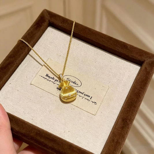 Gold Fortune Bag Pendant Necklace | Brushed Finish & Pavé Crystal Accents | Lucky Charm Jewelry for Women