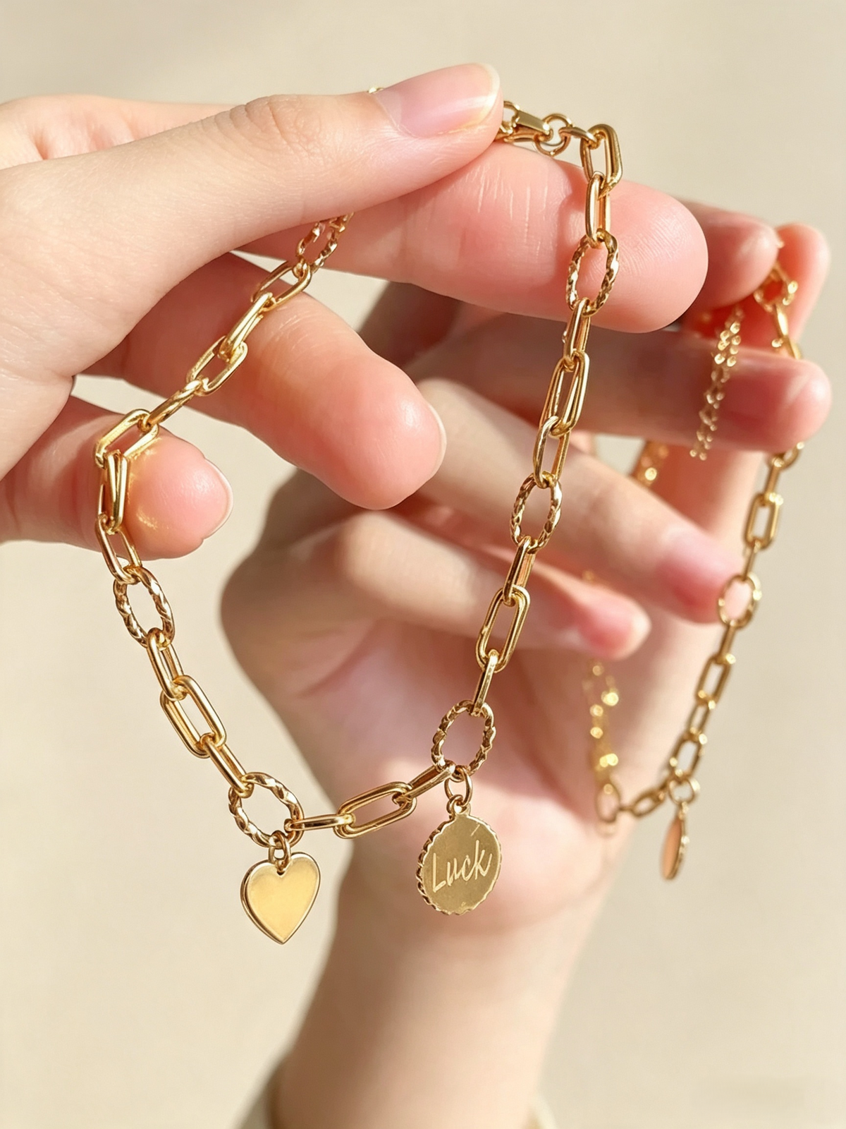 Gold Luck & Heart Charm Bracelet | Paperclip Chain with Twist Links | Adjustable Paperclip Chain Jewelry