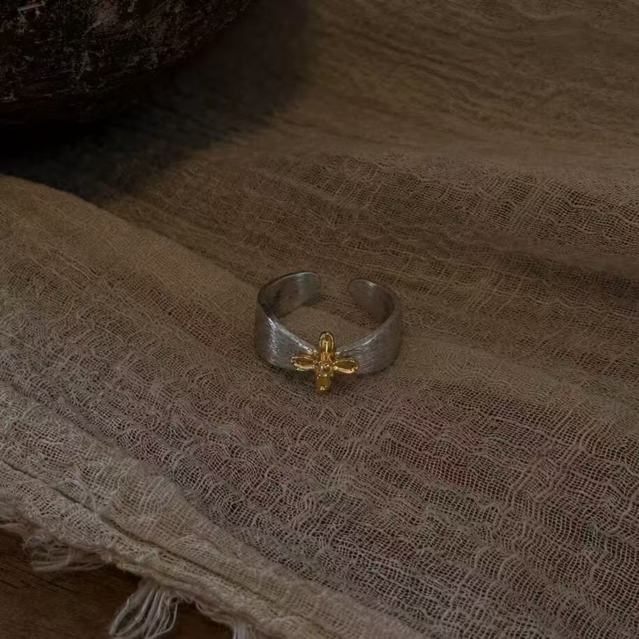 Two-Tone Brushed Silver Ring| Adjustable Wide Band With Vintage Minimalist Open Ring