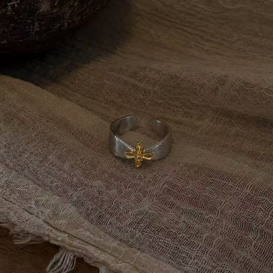 Two-Tone Brushed Silver Ring| Adjustable Wide Band With Vintage Minimalist Open Ring