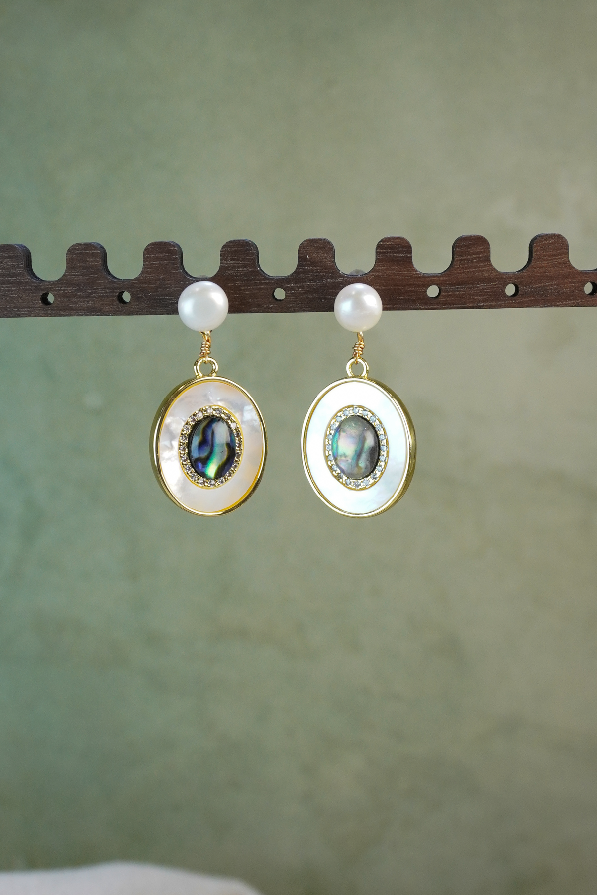 Romantic Vintage Pearl Drop Earrings | Double Shell & Gold Pave Center
