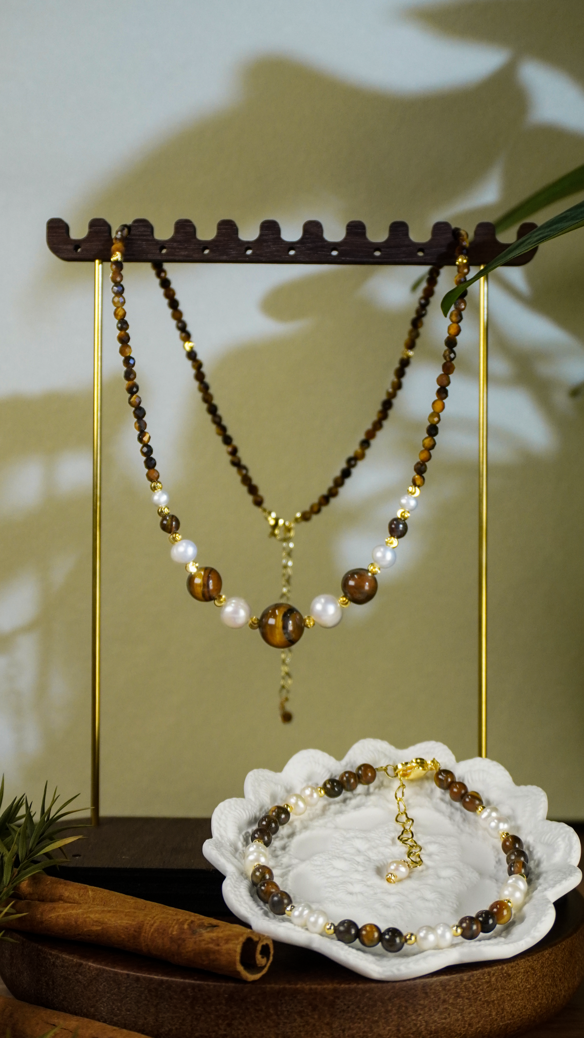 Gradient Tiger Eye & Pearl Pendant Necklace Set– Minimalist Everyday Elegance
