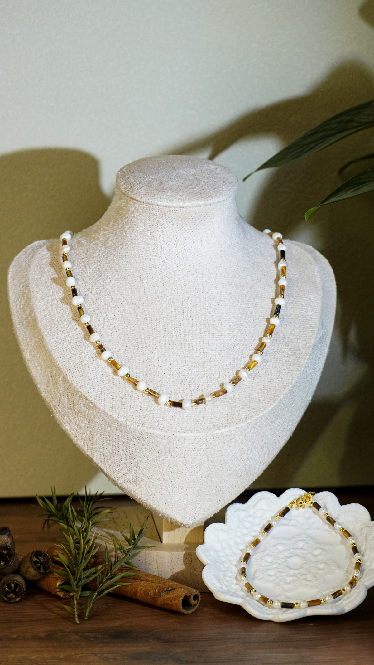 Tiger Eye Bead Necklace & Bracelet Set – Minimalist Stacking Style