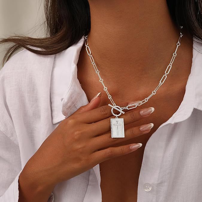 Gold Paperclip Chain Cross Necklace | Rectangular Textured Pendant with Toggle Clasp