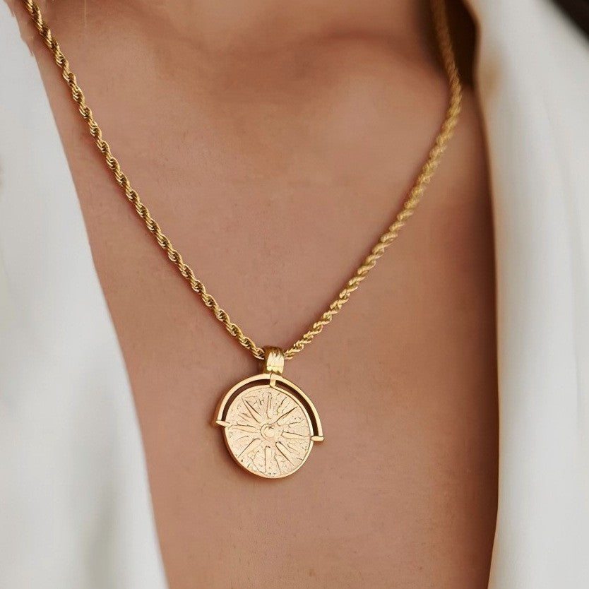 Vintage Sunburst Coin Pendant Necklace | Textured Gold Medallion with Rope Chain
