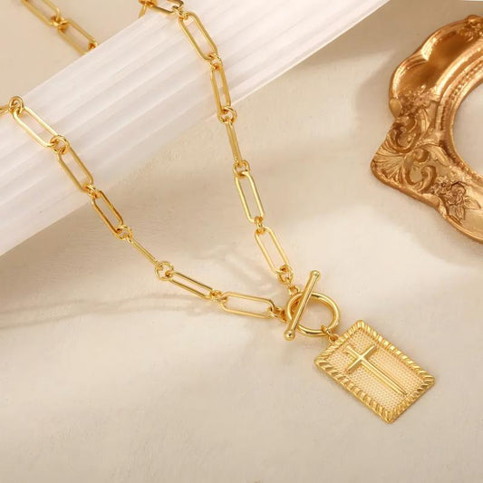 Gold Paperclip Chain Cross Necklace | Rectangular Textured Pendant with Toggle Clasp