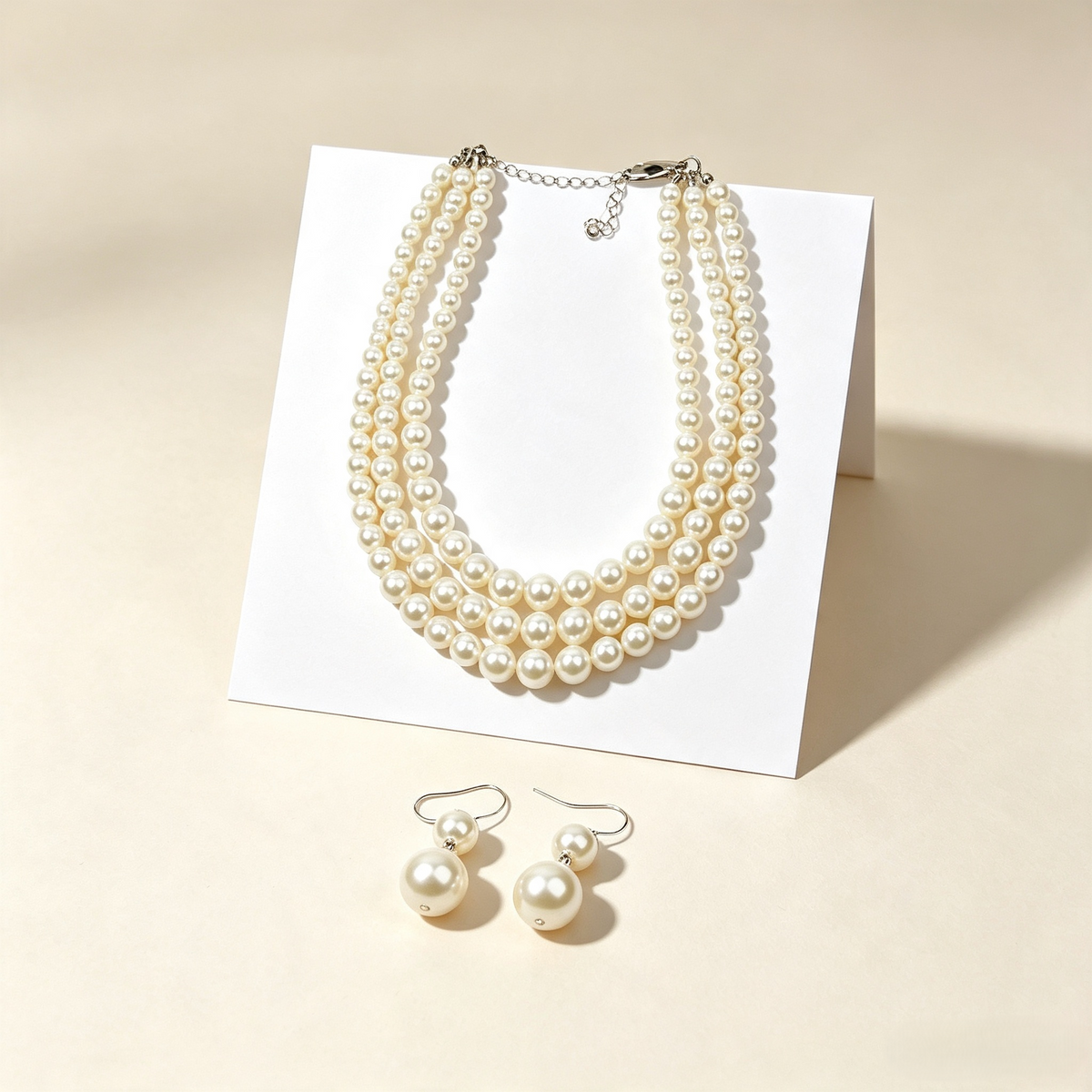 Triple‑Strand Cream Imitation Pearl Jewelry Set‑Vintage Multi‑Layer Necklace