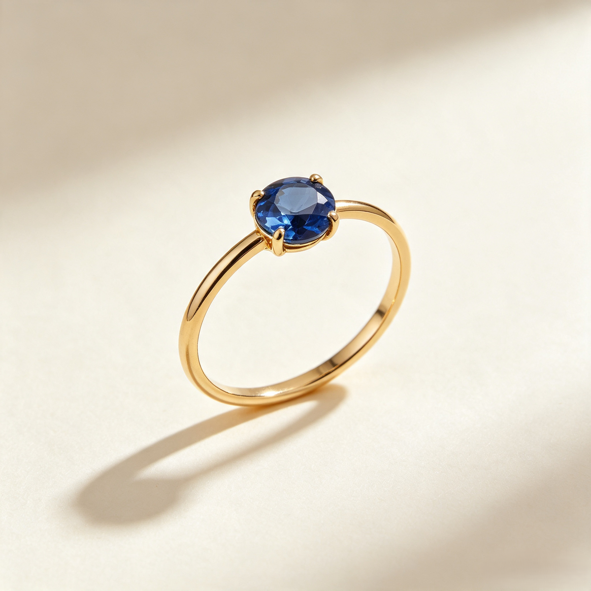 Dainty Blue Solitaire Ring | Minimalist Gold Band with Round Faceted Stone