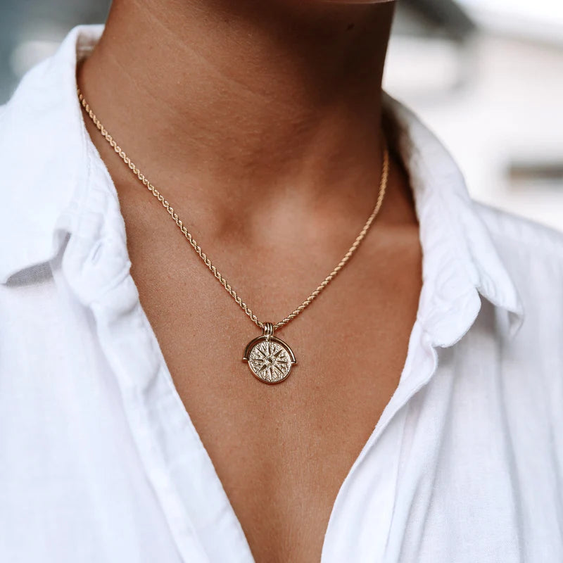 Vintage Sunburst Coin Pendant Necklace | Textured Gold Medallion with Rope Chain