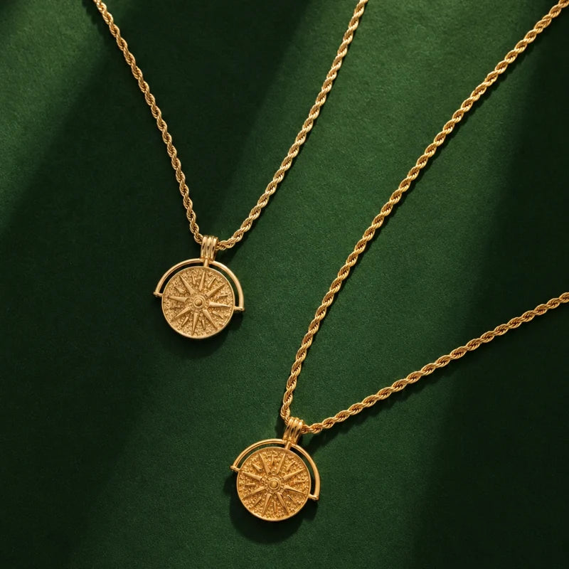 Vintage Sunburst Coin Pendant Necklace | Textured Gold Medallion with Rope Chain