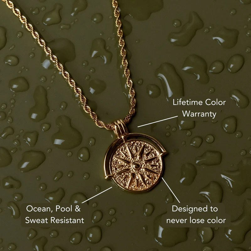 Vintage Sunburst Coin Pendant Necklace | Textured Gold Medallion with Rope Chain